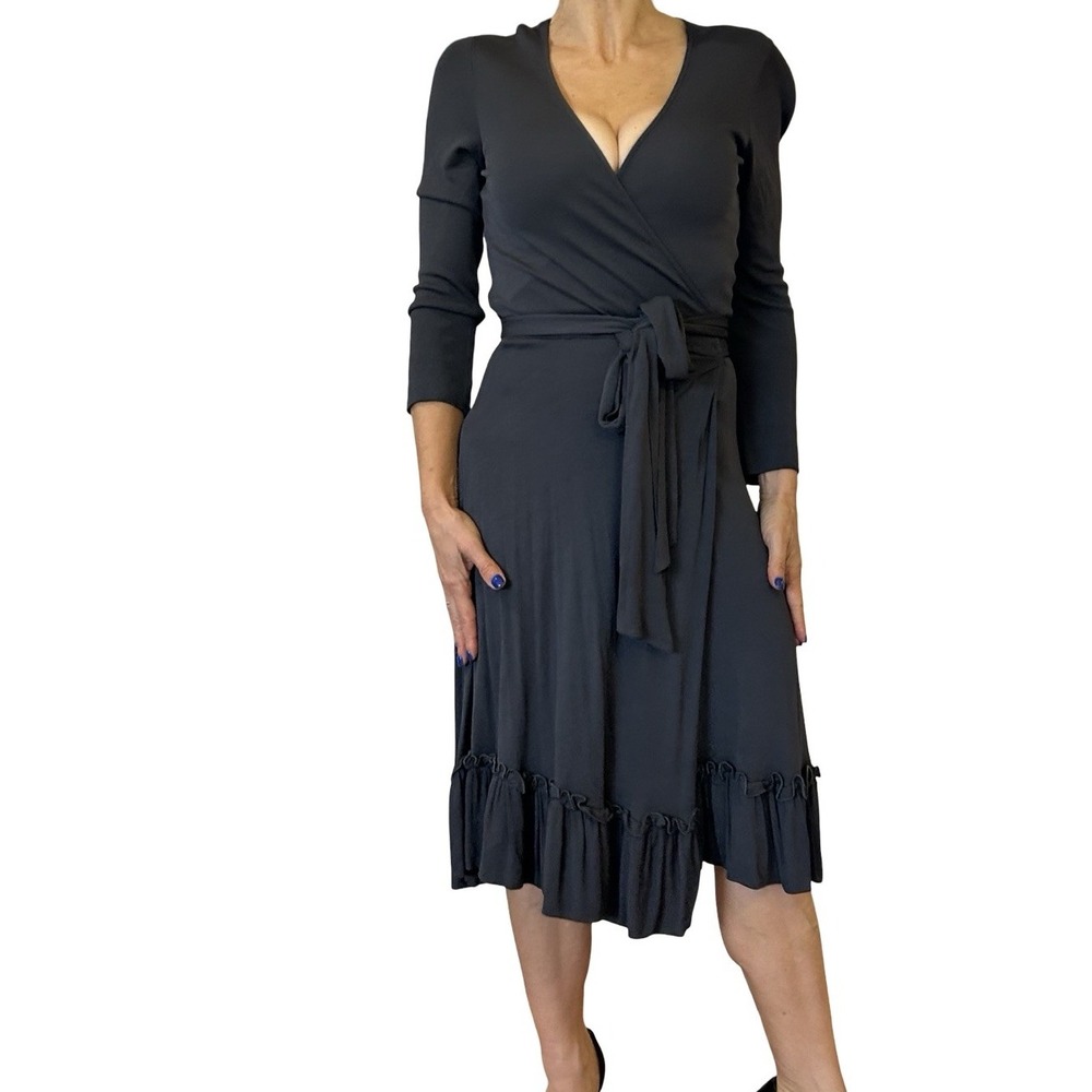 Diane Von Furstenberg JUSTINA Wrap Midi Dress Anthracite Gray 3/4 Sleeve 4 NWT